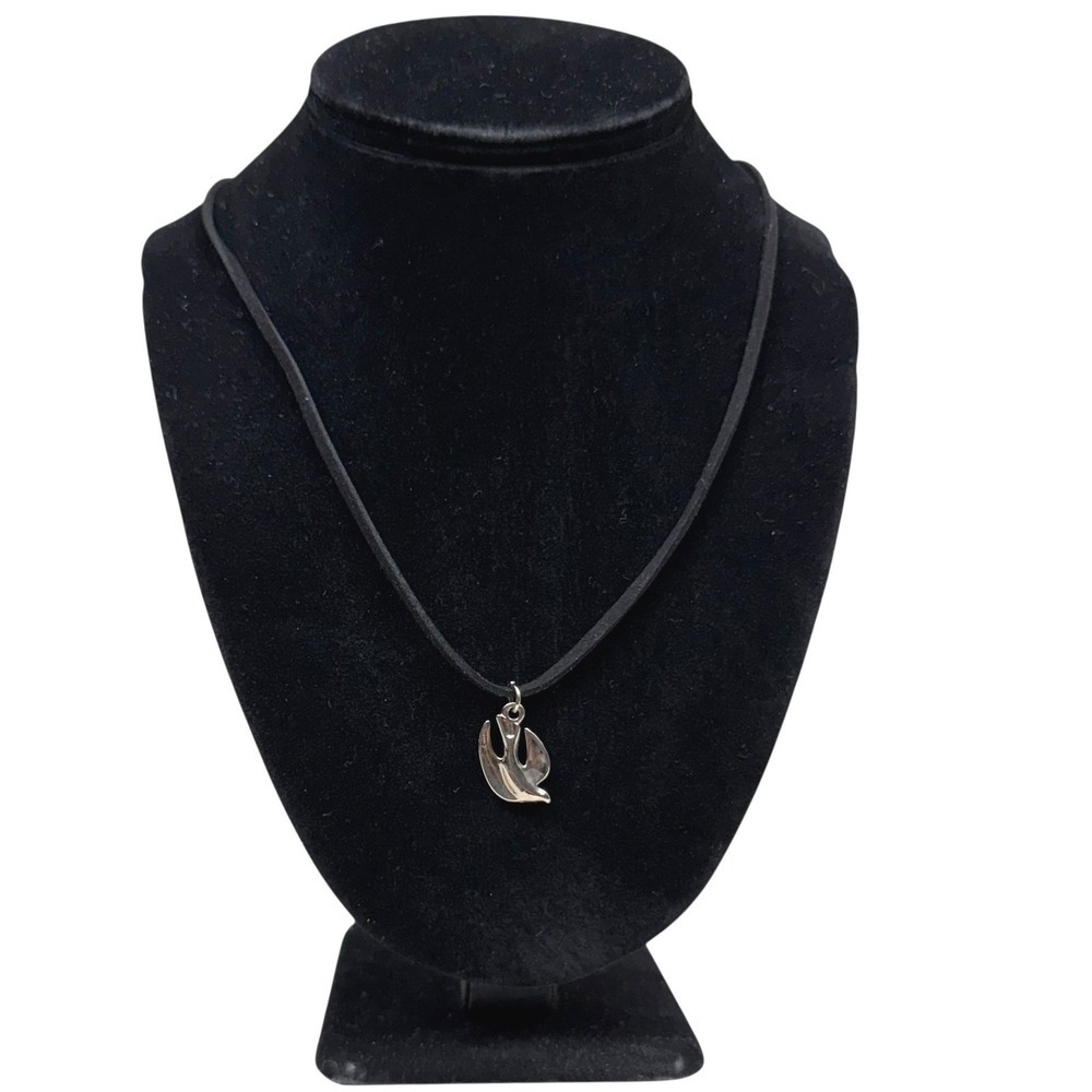 Silver Tone Dove Pendant Necklace Black Cord Bird Charm Fashion Jewelry 13.5 in